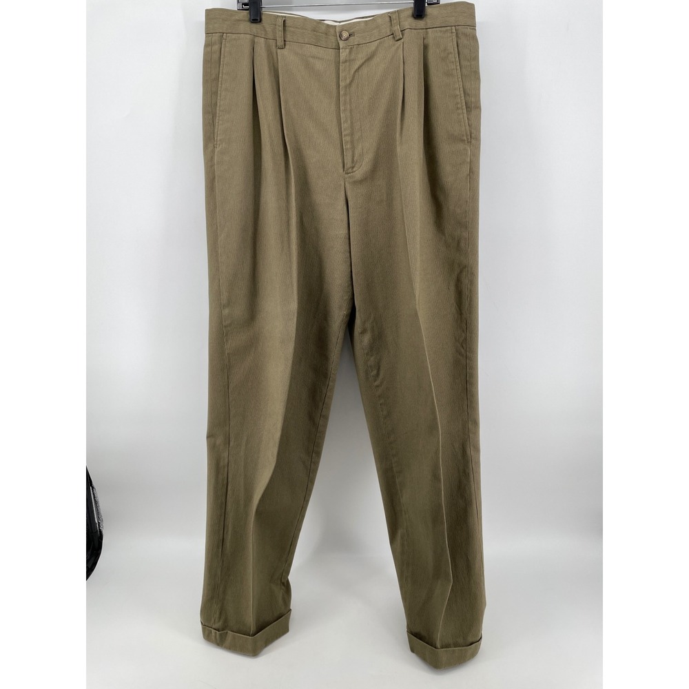 Claiborne Pleated Pants Mens 38x33* Olive Khaki Cuffed Textured Cotton Chinos